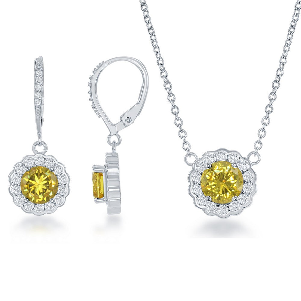 Sterling Silver November Birthstone With  CZ Border Round Earrings and Necklace Set