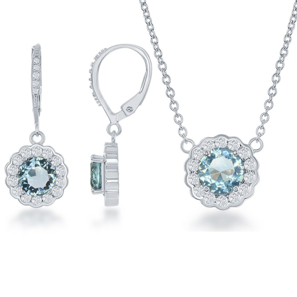 Sterling Silver December Birthstone With  CZ Border Round Earrings and Necklace Set