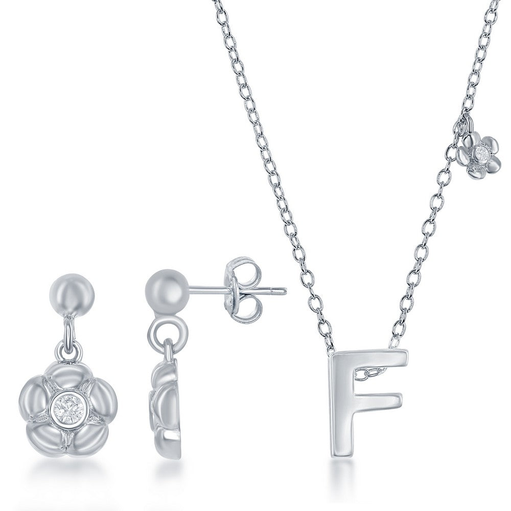 Sterling Silver Shiny F with Tiny CZ Flower Necklace and Earrings Set
