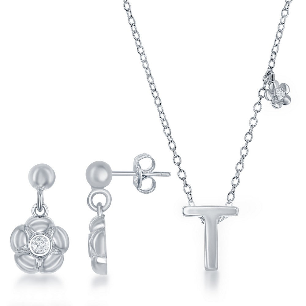 Sterling Silver Shiny T with Tiny CZ Flower Necklace and Earrings Set