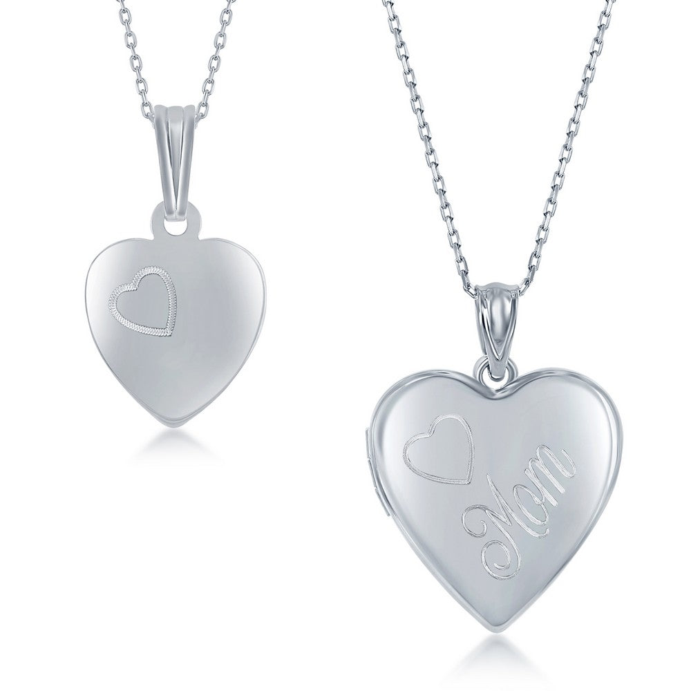 Sterling Silver 2PC Mother & Daughter Set, Heart Pendant + Locket - Mom