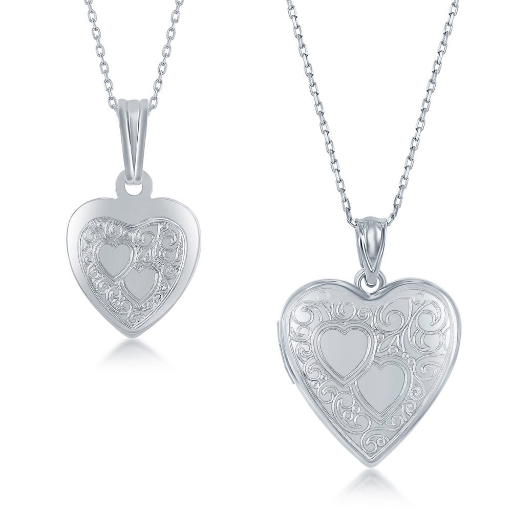 Sterling Silver 2PC Mother & Daughter Set, Heart Pendant + Locket - Double Heart