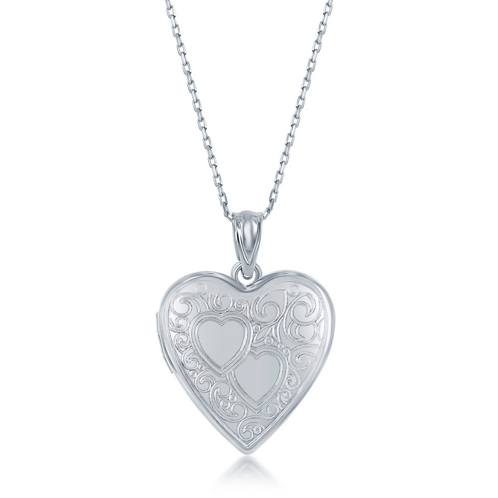 Sterling Silver 2PC Mother & Daughter Set, Heart Pendant + Locket - Double Heart