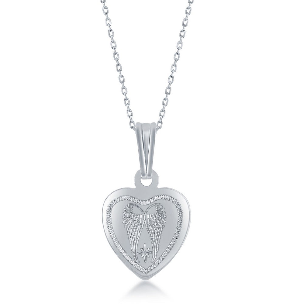 Sterling Silver 2PC Mother & Daughter Set, Heart Pendant + Locket - Angel Wings