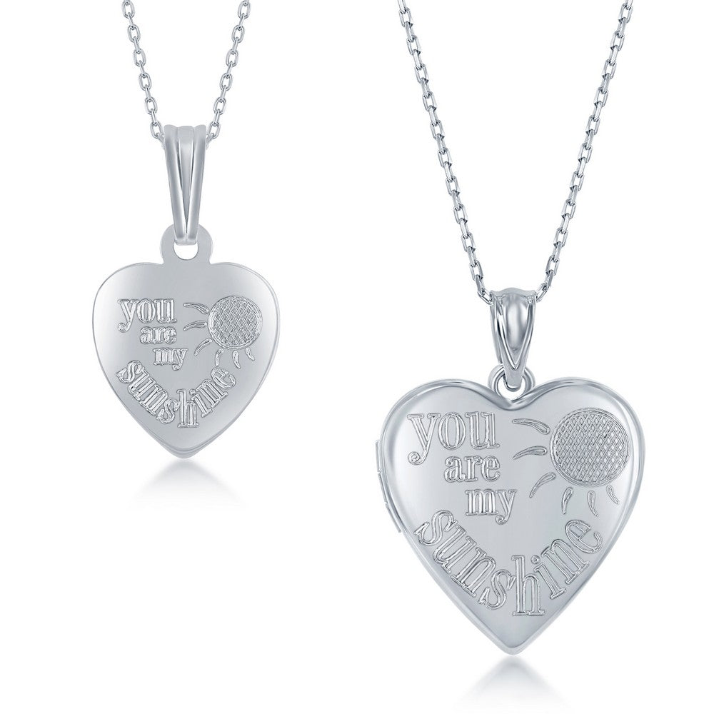 Sterling Silver 2PC Mother & Daughter Set, Heart Pendant + Locket - You Are My Sunshine