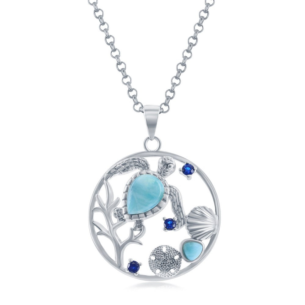 Sterling Silver Turtle, Seashell, Sand Dollar Larimar & CZ Round Pendant