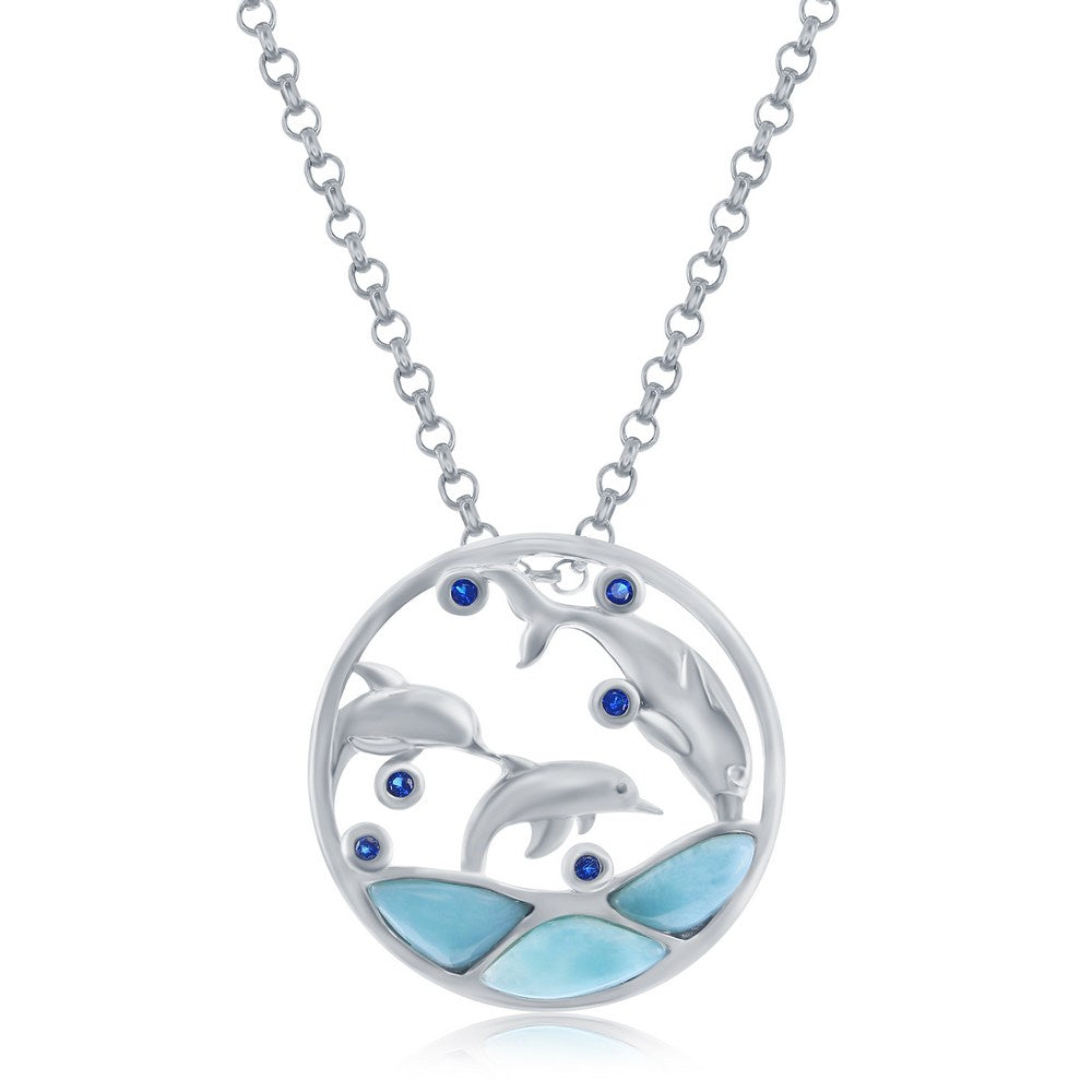Sterling Silver Larimar & CZ Divign Dolphins Round Pendant