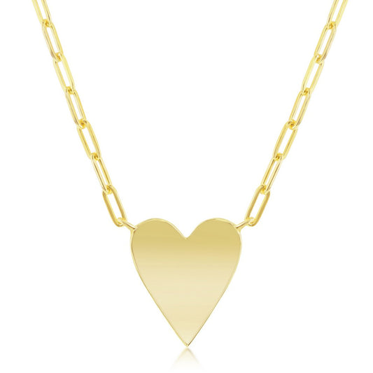Sterling Silver Polished Heart Paperclip Necklace - Gold Plated