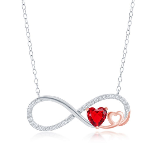 Sterling Silver Ruby CZ Heart Infinity Necklace