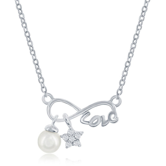 Sterling Silver Infinity Love With  CZ Star & Round 4MM Freshwater Pearl Necklace