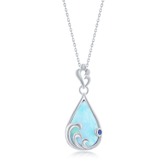 Sterling Silver Larimar & Blue CZ Pearshaped Wave Design Necklace