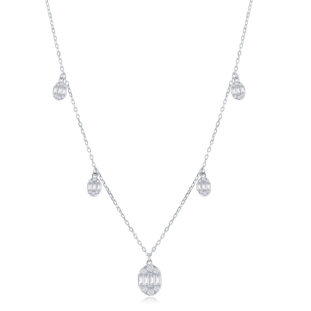 Sterling Silver Baguette CZ Oval Charms Necklace