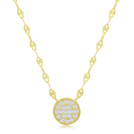 Sterling Silver Circle Pave CZ Mirror Chain Necklace - Gold Plated