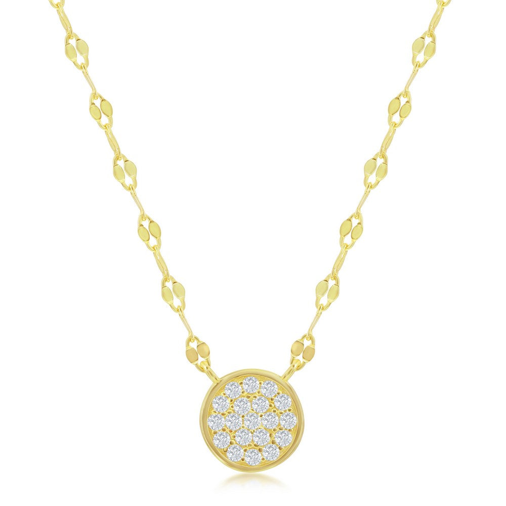 Sterling Silver Circle Pave CZ Mirror Chain Necklace - Gold Plated