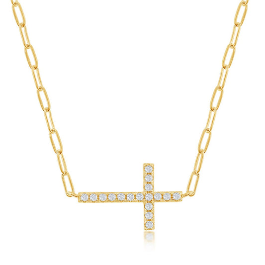 Sterling Silver CZ Sideways Cross Paperclip Necklace - Gold Plated