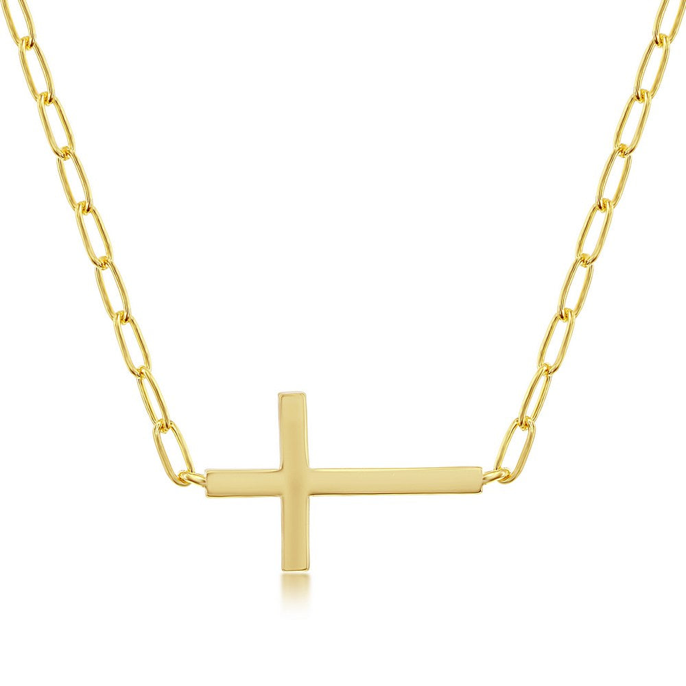 Sterling Silver CZ Sideways Cross Paperclip Necklace - Gold Plated