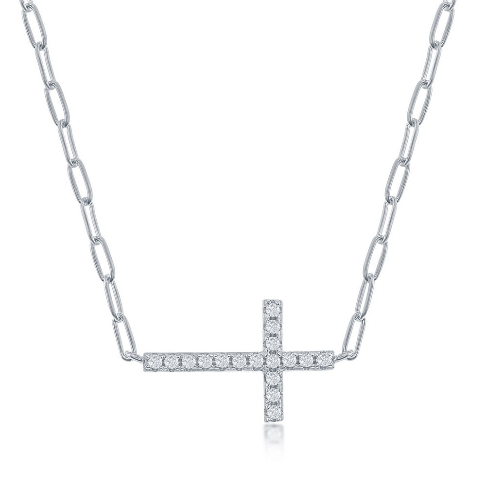 Sterling Silver CZ Sideways Cross Paperclip Necklace