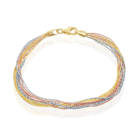 Sterling Silver 10 Strand Sparkling Bracelet - Tri Color