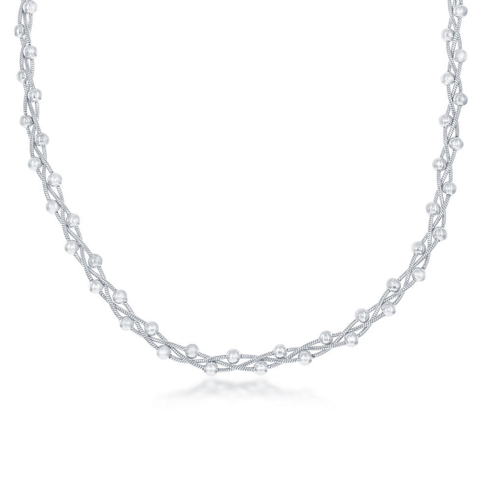 Sterling Silver Braided Chain, Snake with Beads - Rhodium Plated