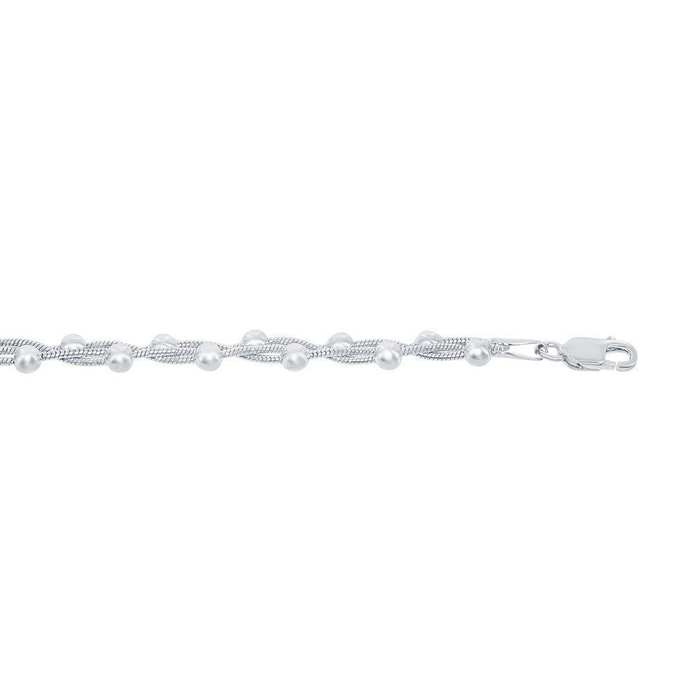 Sterling Silver Braided Chain, Snake with Beads - Rhodium Plated