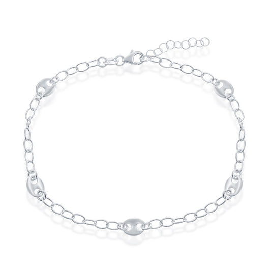 Sterling Silver Puffed Marina Link Anklet - Silver Plated