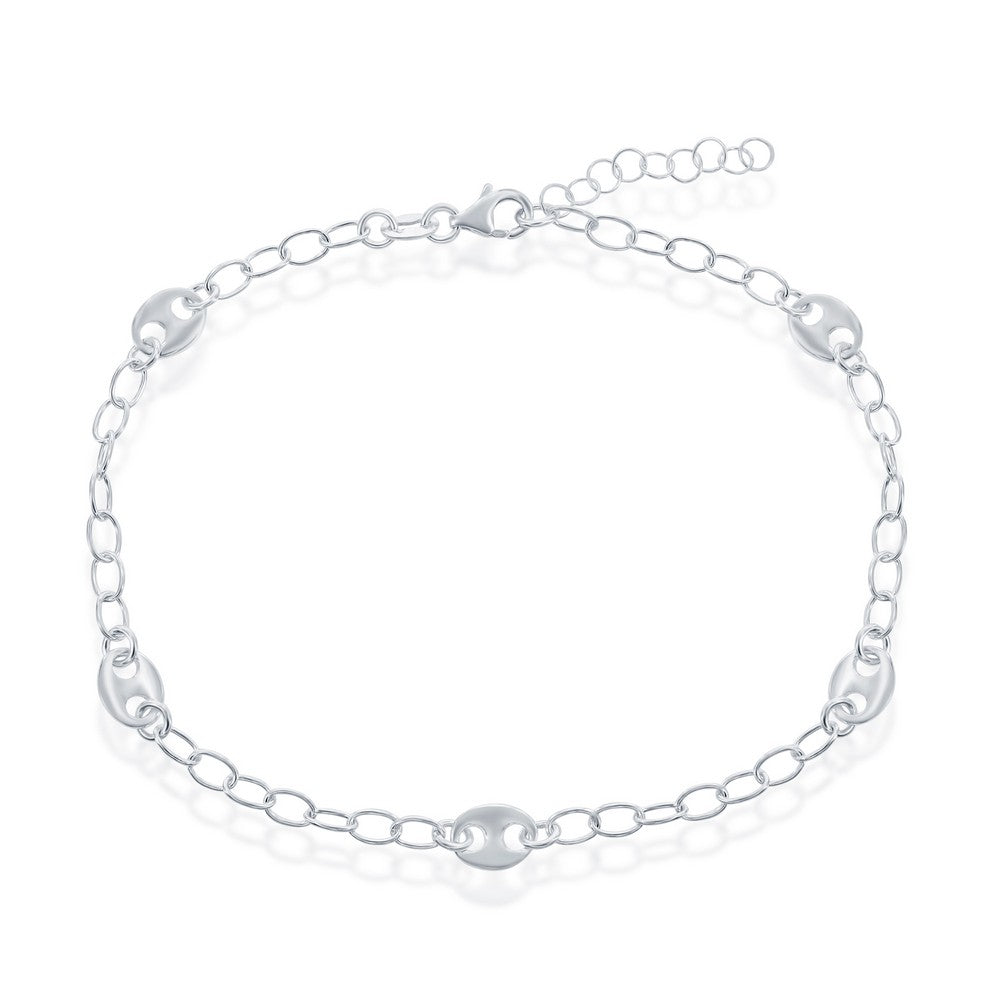 Sterling Silver Puffed Marina Link Anklet - Silver Plated
