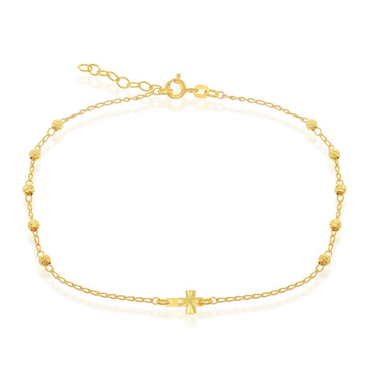 Sterling Silver Diamond Cut Beads with Small Center Cross Anklet - Gold Plated