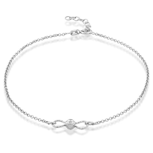Sterling Silver Bow Tie Design with Center Diamond Cut Bead Anklet