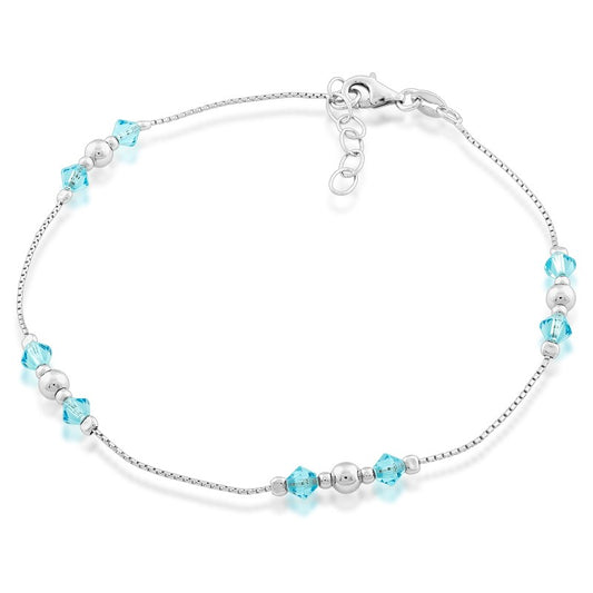 Sterling Silver Beads with Blue Crystals Anklet
