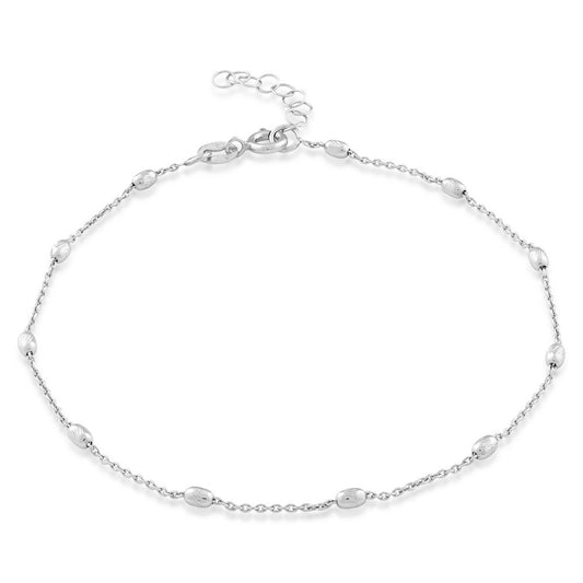Sterling Silver Diamond Cut Small Oval Beads Anklet