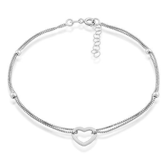 Sterling Silver Double Strand Brought Together with Open Heart Anklet