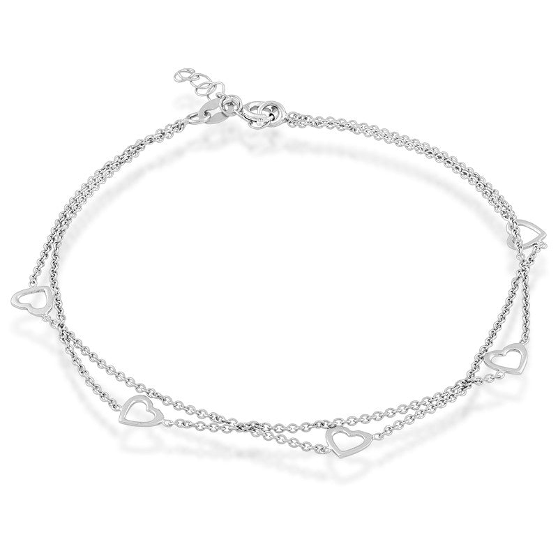 Sterling Silver Double Strand Open Hearts Anklet
