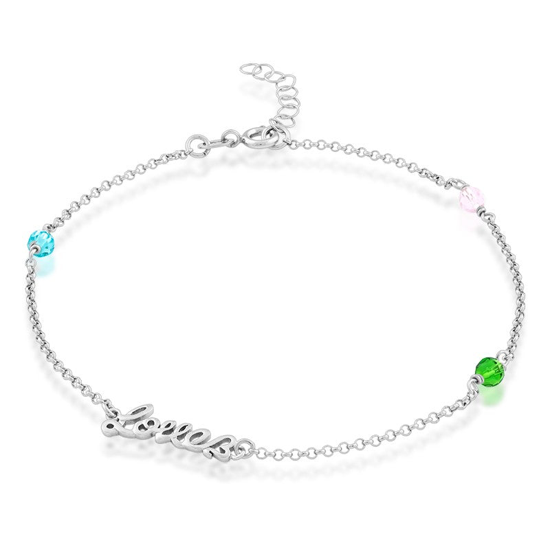 Sterling Silver Pink, Green, and Blue Crystals with LOVE Anklet