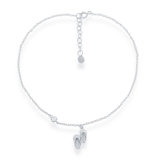 Sterling Silver Double Flip Flop With  Single CZ Anklet