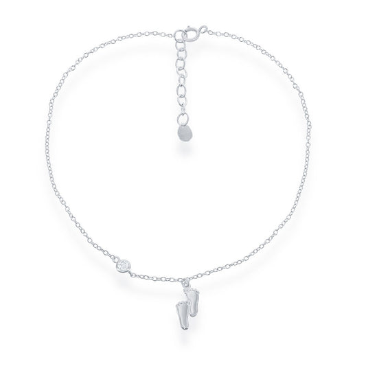 Sterling Silver Foot Prints with Single CZ Anklet
