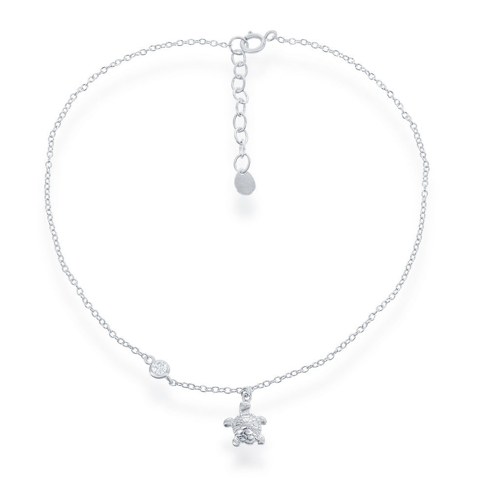 Sterling Silver Turtle charm with Single CZ Anklet