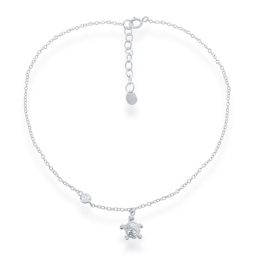 Sterling Silver Turtle charm with Single CZ Anklet