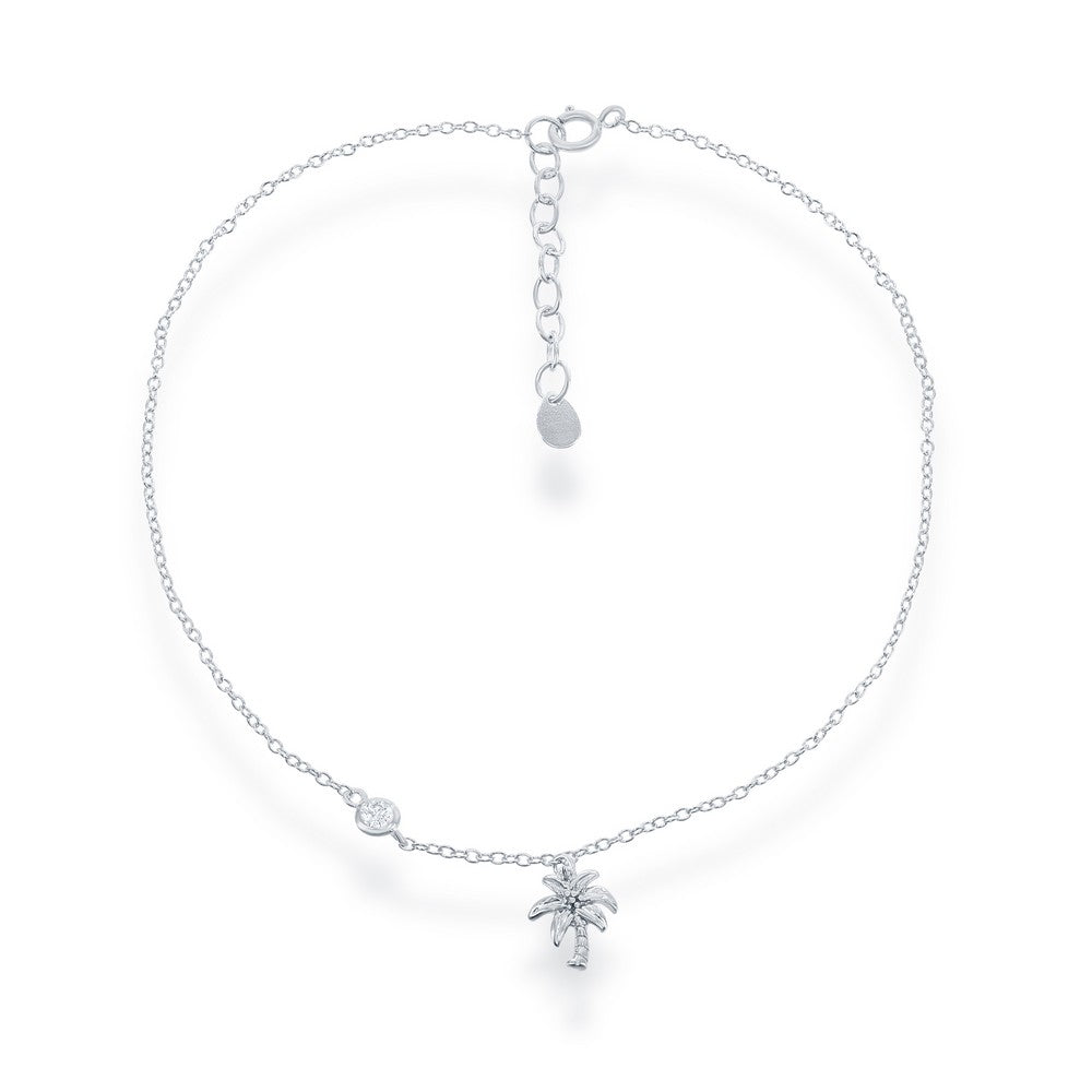 Sterling Silver Palm Tree with Single CZ Anklet