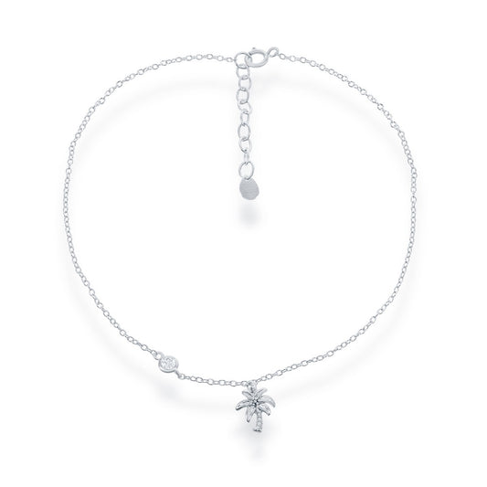 Sterling Silver Palm Tree with Single CZ Anklet