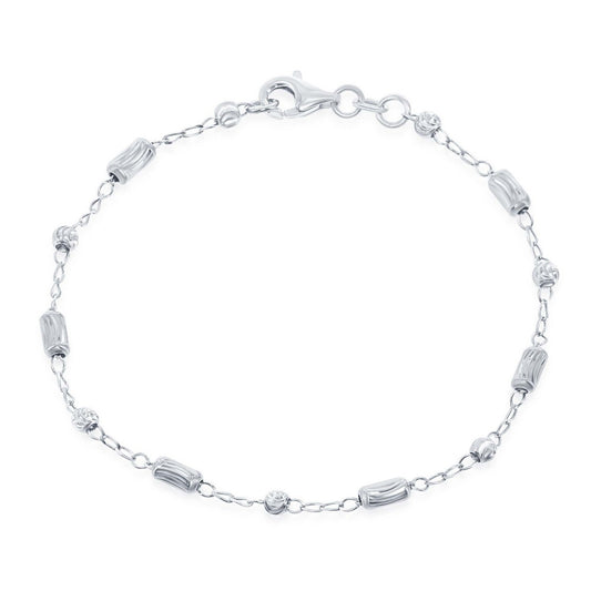 Sterling Silver Diamond Cut Small Bar and Bead Anklet