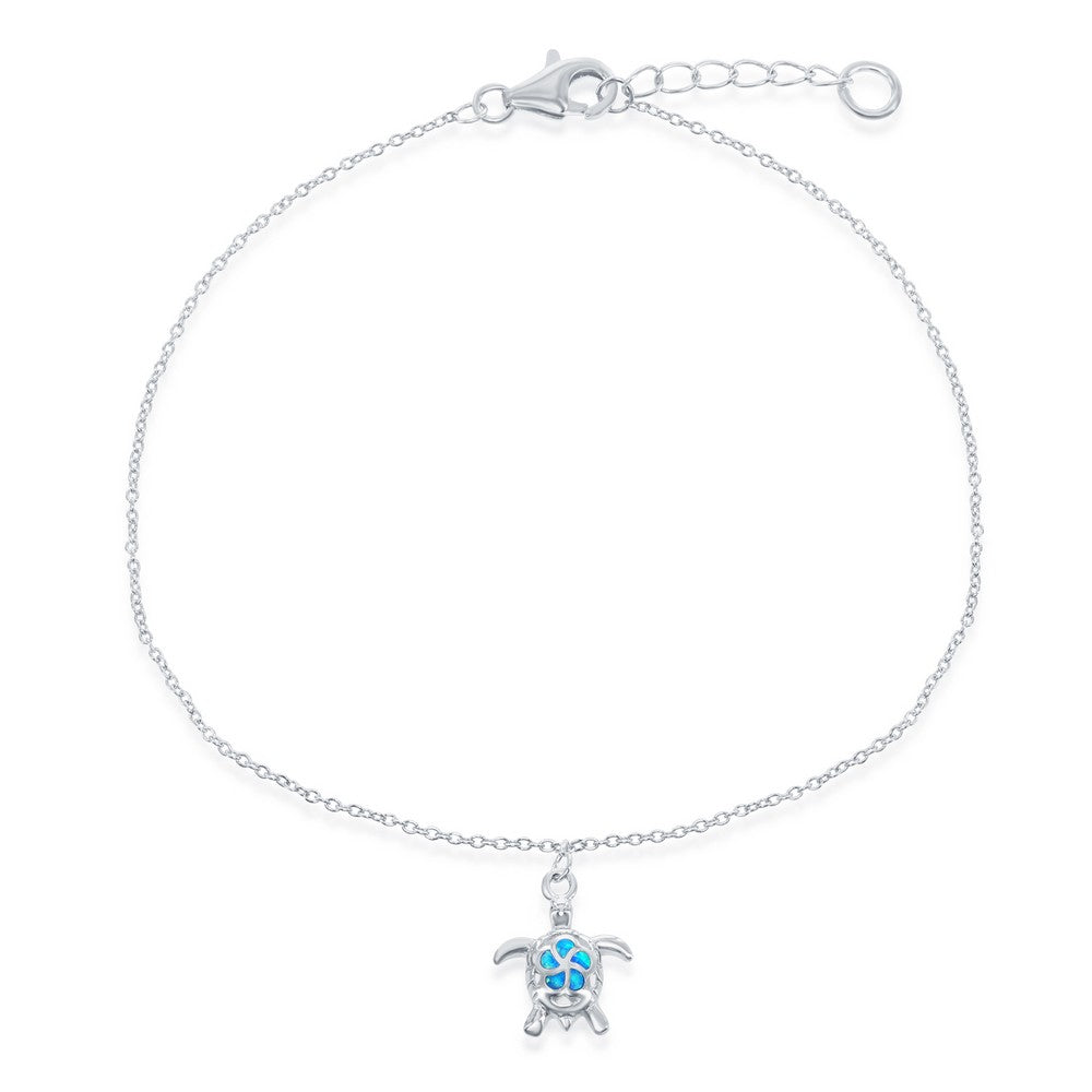 Sterling Silver Blue Inlay Opal Turtle Anklet