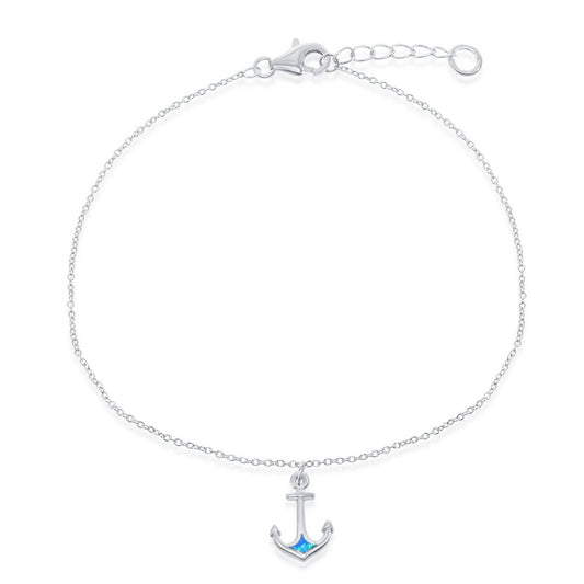 Sterling Silver Blue Inlay Opal Anchor Anklet