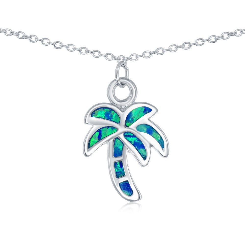 Sterling Silver Blue Inlay Opal Palm Tree Anklet