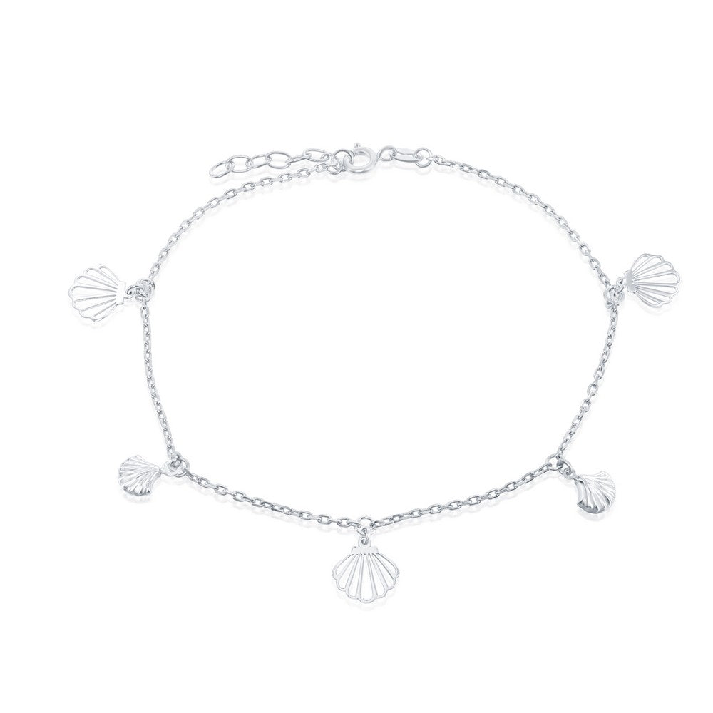 Sterling Silver Alternating Flat & Puffed Seashell Anklet