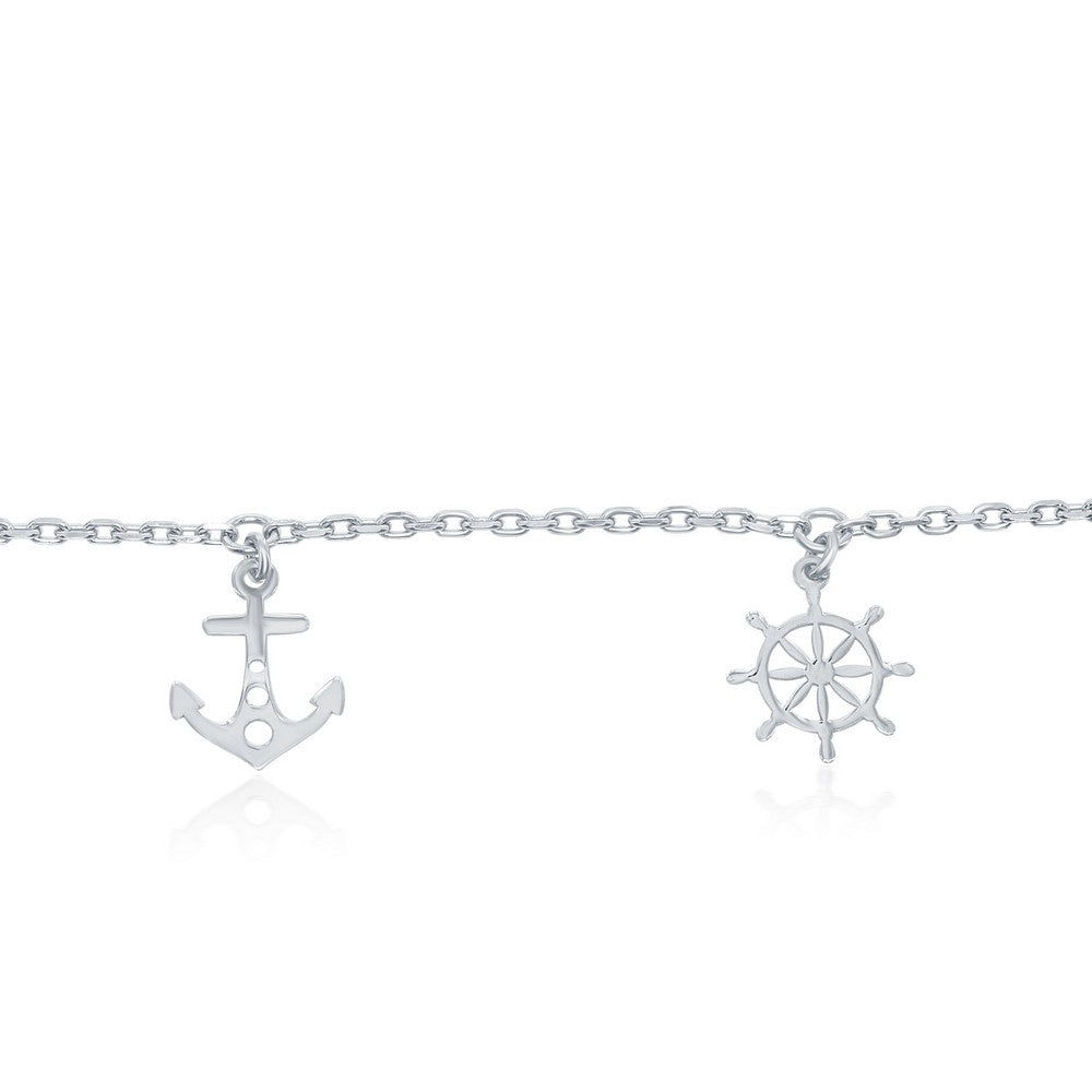 Sterling Silver Alternating  Anchor and Ship Wheel Anklet