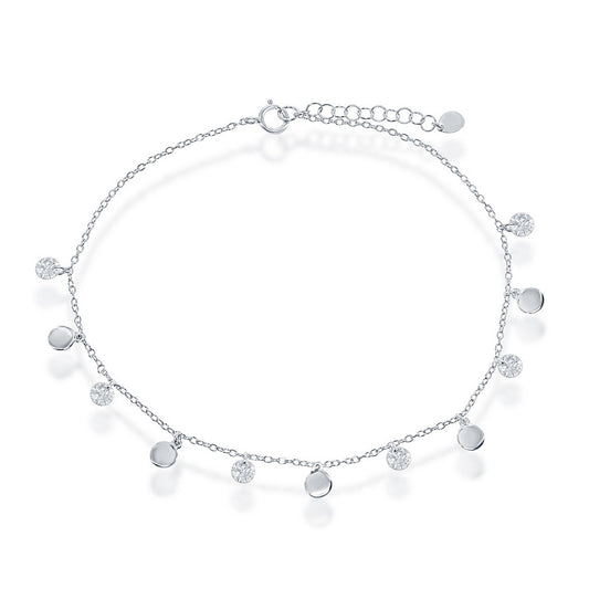 Sterling Silver Alternating Cubic Zirconia & Shiny Disc Anklet