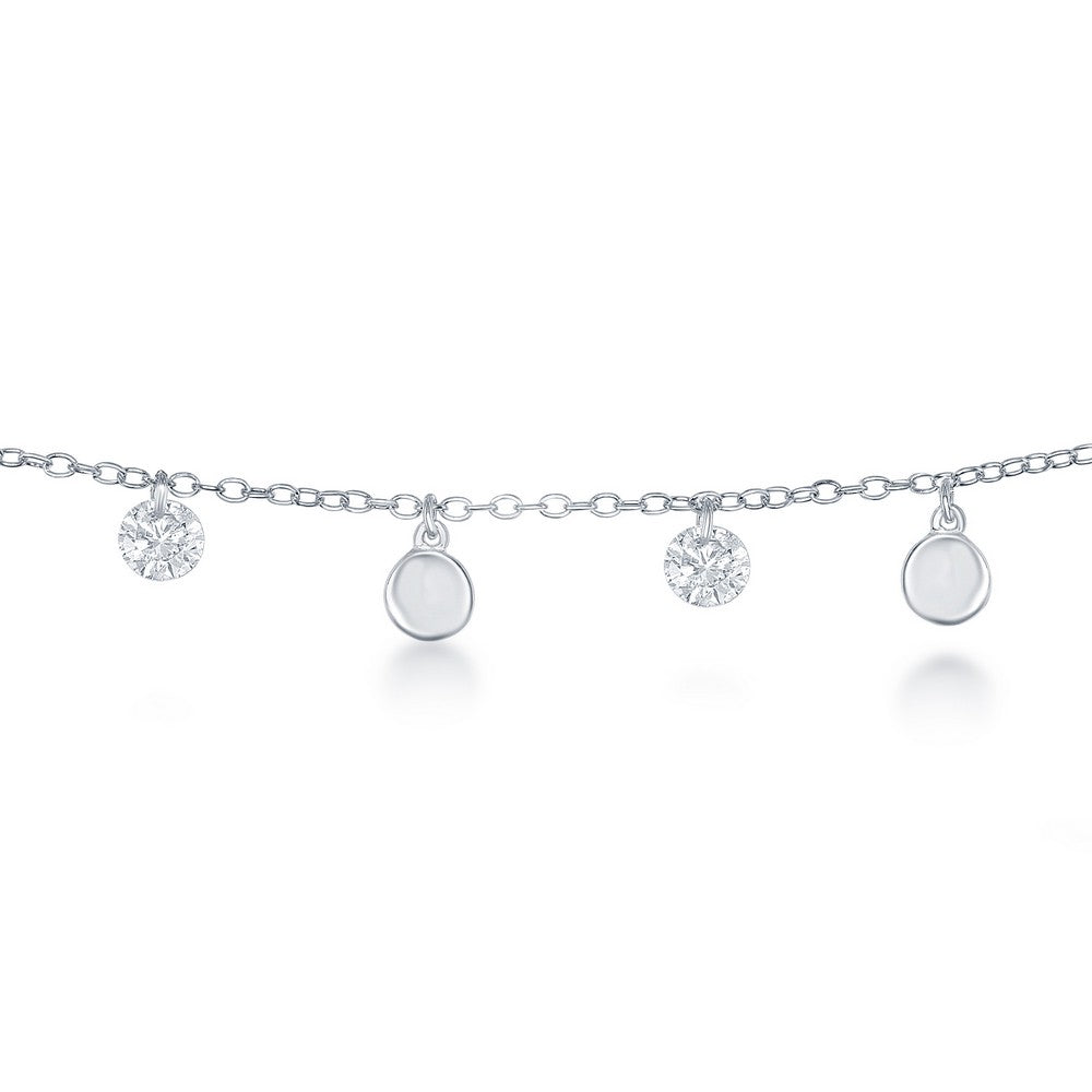 Sterling Silver Alternating Cubic Zirconia & Shiny Disc Anklet