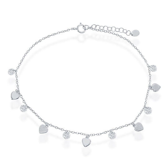 Sterling Silver Alternating Cubic Zirconia with Shiny & Matte Hearts Anklet