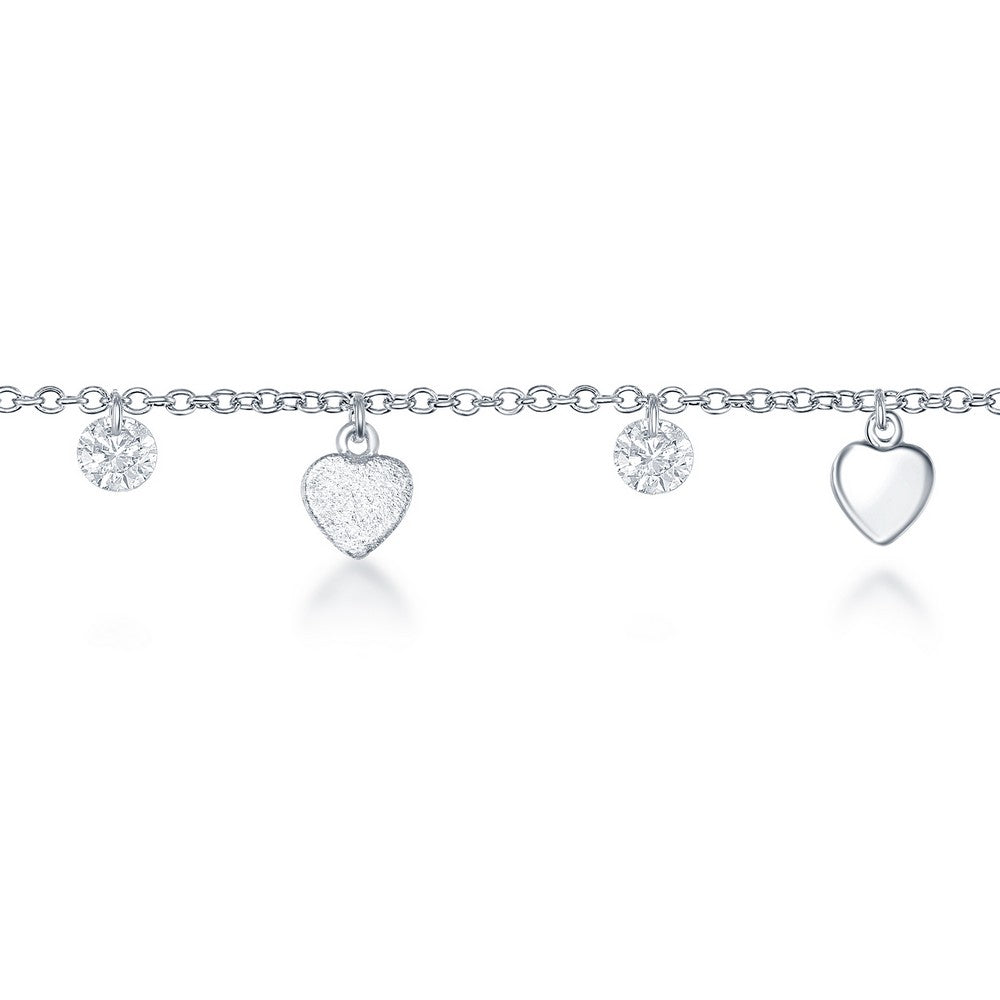 Sterling Silver Alternating Cubic Zirconia with Shiny & Matte Hearts Anklet
