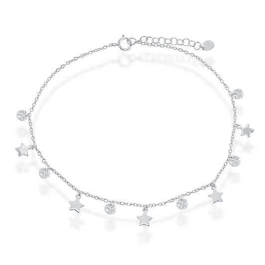 Sterling Silver Alternating Cubic Zirconia with Shiny & Matte Stars Anklet